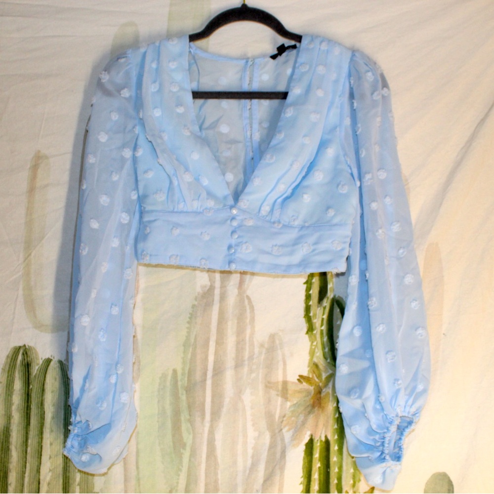 Miss Avenue Long Sleeve Sheer Polka Dot Crop Top in Light Blue🌵Small